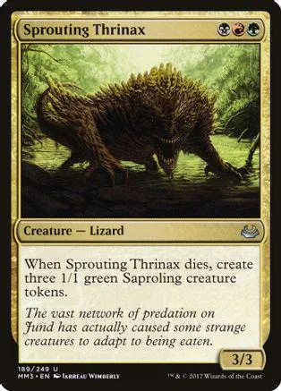 Large brown lizard creature in green swamp setting on a trading card.