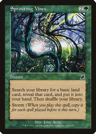 Dark, tangled vines and glowing light on a green Magic: The Gathering card.