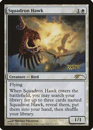 Dark bird creature card art with golden sky background. Squadron Hawk.
