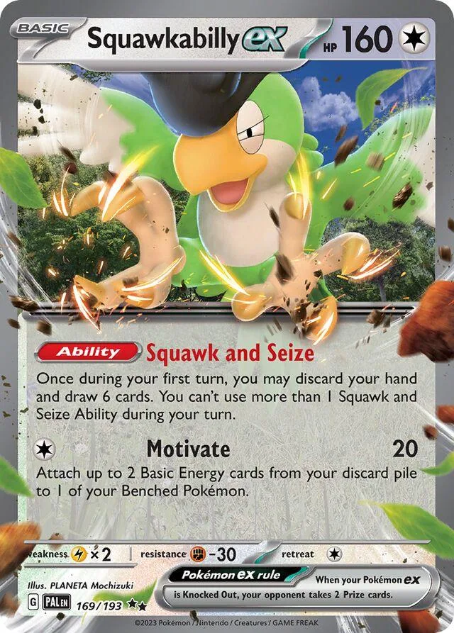 Cartoon bird Pokémon card, green and white, with attack text.