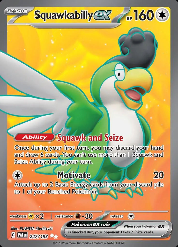 Green and white bird Pokémon card with yellow background. Basic energy symbol visible.