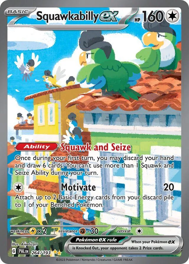 Green and blue Pokémon on a rooftop, showing attack and ability text.