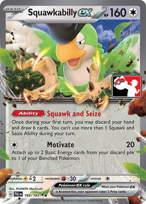 Pokémon card featuring a bird character, green and white, in a battle scene.