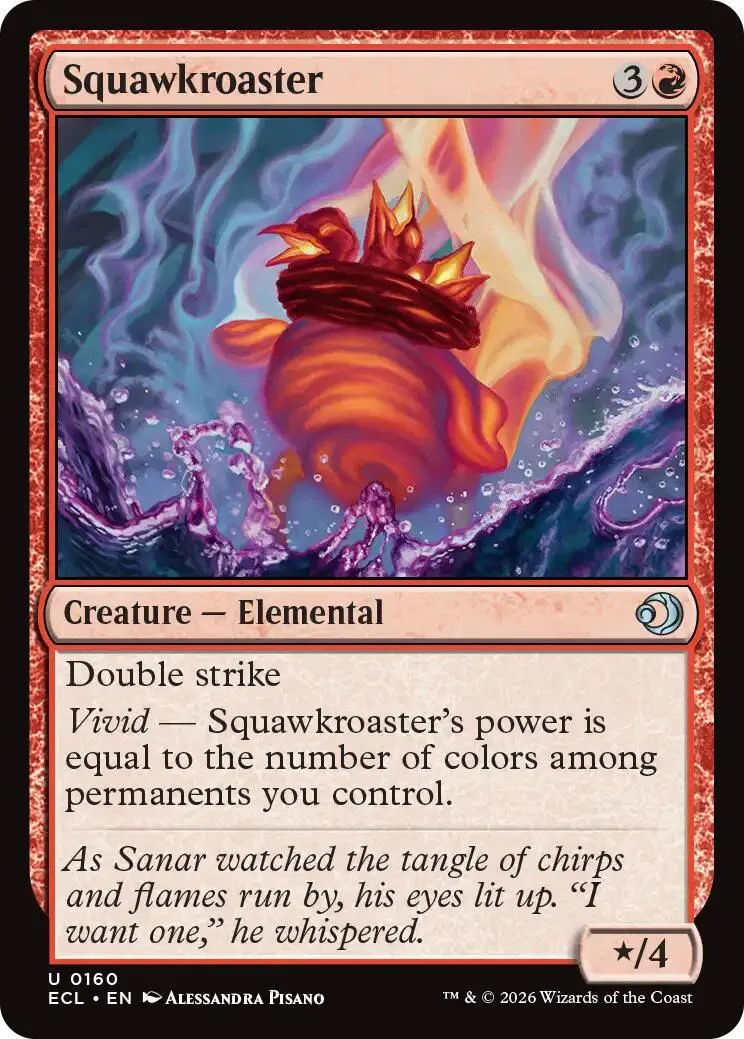 Orange elemental creature on a card with swirling blue and purple background.