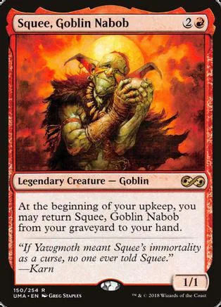 Goblin creature card art: green goblin holding a glowing orb against fiery background.