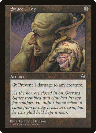 Greenish-gray alien figure holding a small, pink creature in a Magic: The Gathering card.