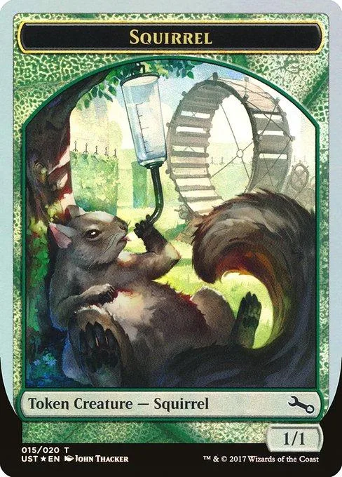 Squirrel token card art showing a gray squirrel in a green, wooded setting.