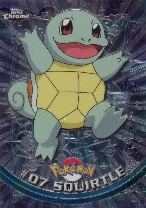 Squirtle Pokémon card, blue and yellow, holographic finish, #07.