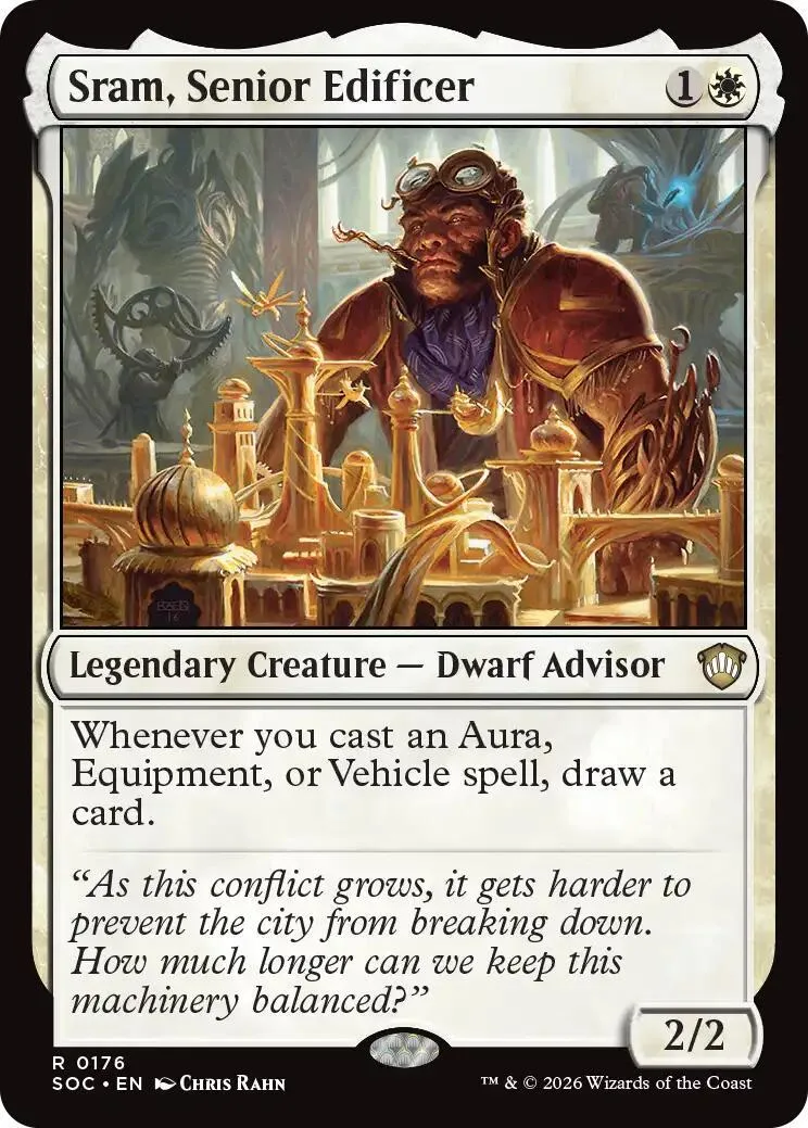Dwarf advisor creature card art, brown and gold tones, showing a bearded figure in armor.