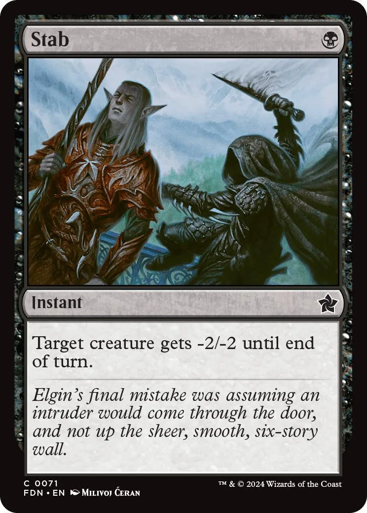Elf warrior and dark figure clash on a fantasy battle card.