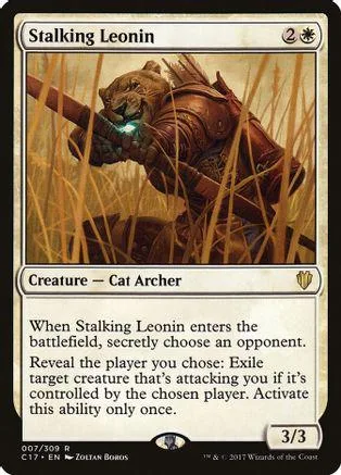 Brown lion creature with glowing eyes in tall grass, Magic: The Gathering card.