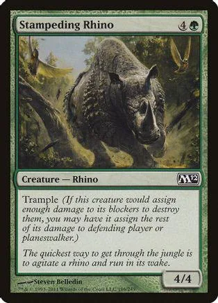 Dark rhino creature card art, green and brown tones, showing a large wild animal.