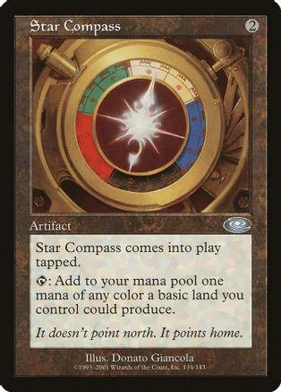Brass and gold compass artifact card with starburst design on brown background.