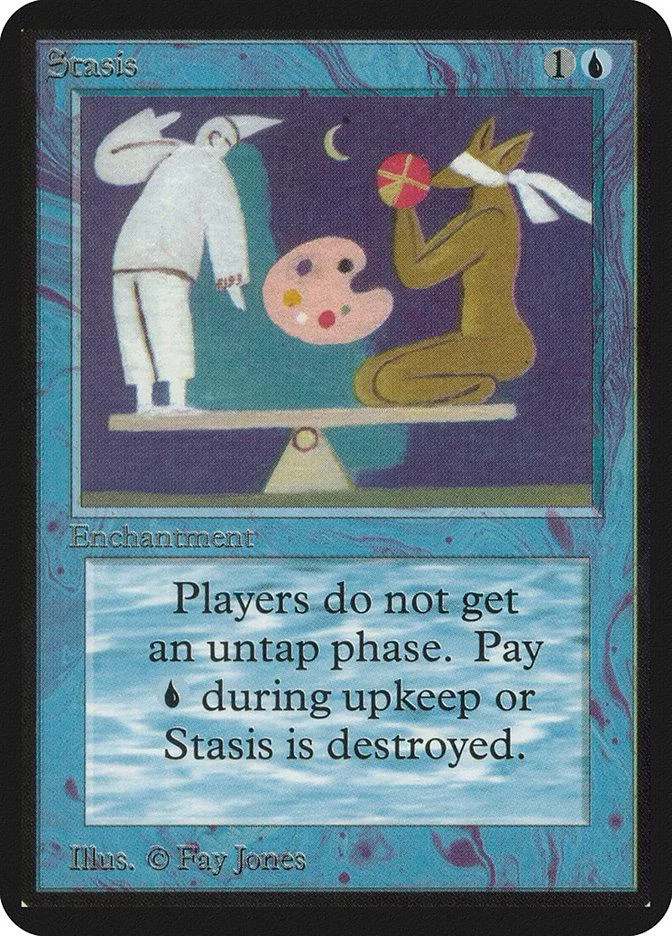 White and brown figures on a blue background, Stasis enchantment card.