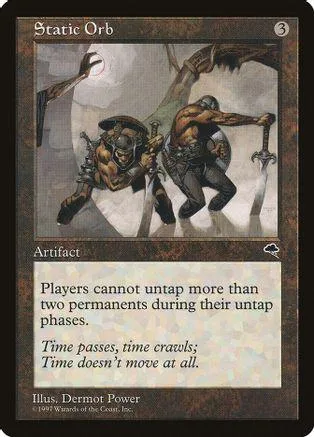 Dark fantasy art on a Magic: The Gathering card, Static Orb.