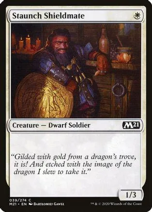 Dwarf soldier card art, bearded man in armor, gold accents, M21 set.