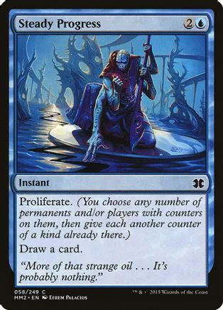 Blue and black Magic: The Gathering card, Steady Progress, showing a figure in a dark forest.