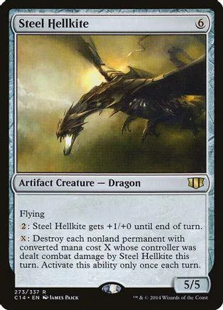 Dark dragon creature card, Steel Hellkite, gold and black artwork.
