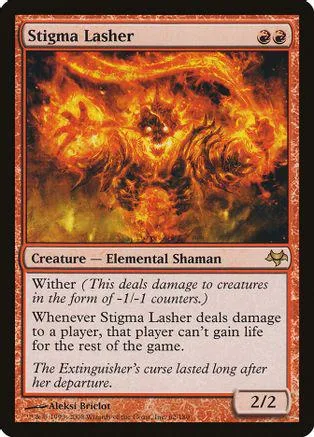 Fire elemental shaman card art, orange and red flames, black border.