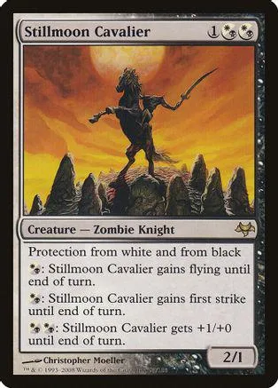Dark horse knight on fiery landscape, black and orange tones.