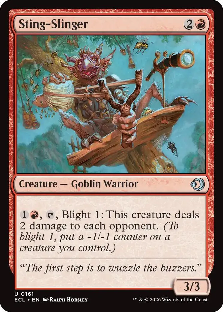 Goblin warrior creature card art, brown and green tones, showing a goblin on a log.