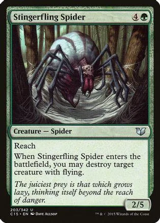Large white and red spider in dark forest setting on a Magic: The Gathering card.