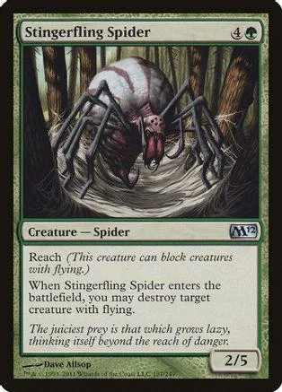 Large, striped spider creature card art in a forest setting.