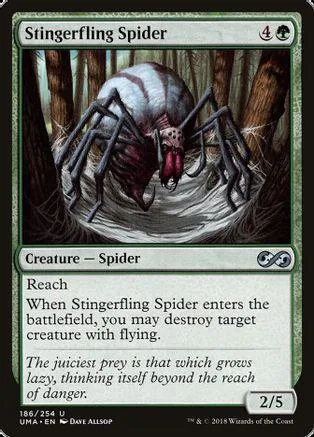 Large white and red spider on a card, showing creature stats and ability text.