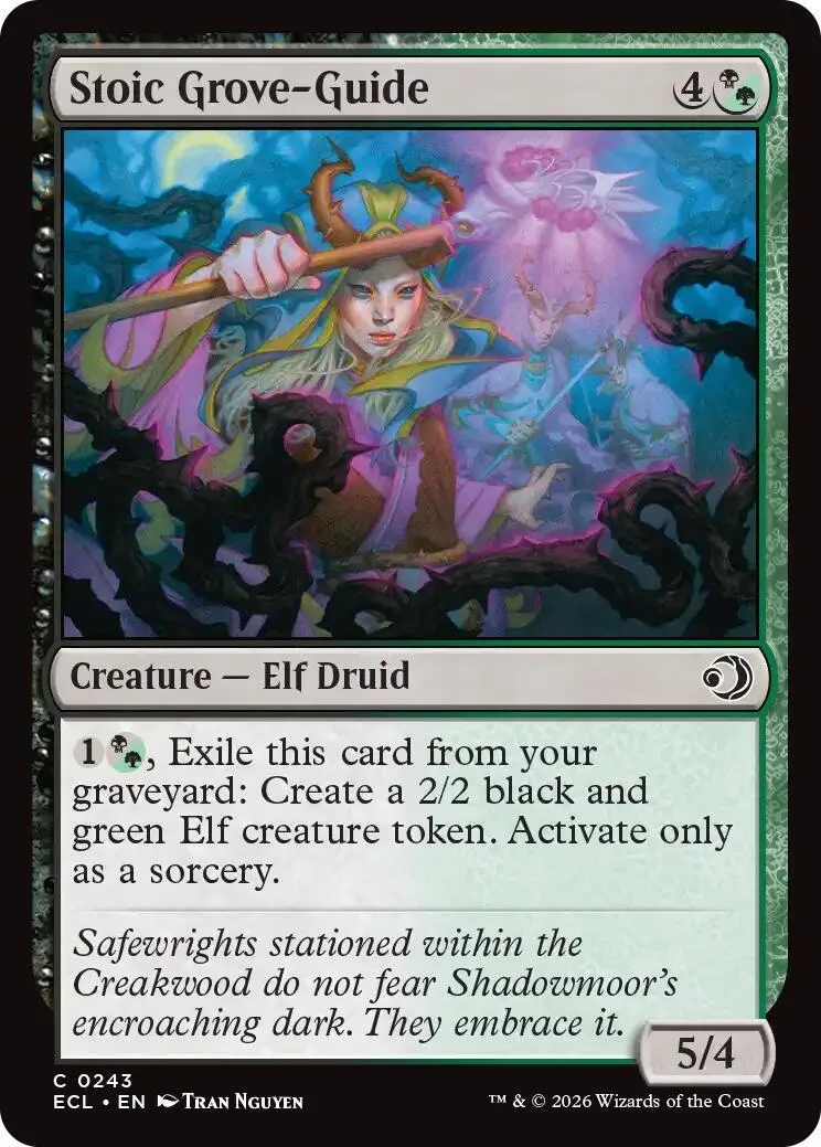 Elf Druid creature card with flowing hair, holding a staff, against a mystical background.