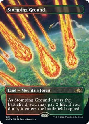 Magic: The Gathering card, Stomping Ground, fiery landscape art.