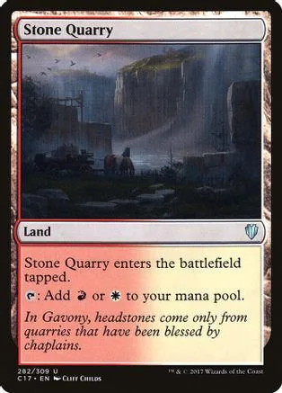 Stone Quarry land card art shows misty quarry with waterfall.