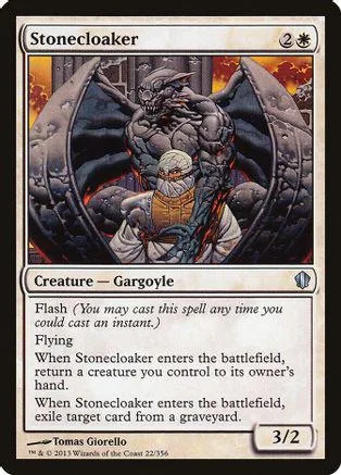 Stonecloaker creature card art: large winged gargoyle figure in dark tones.