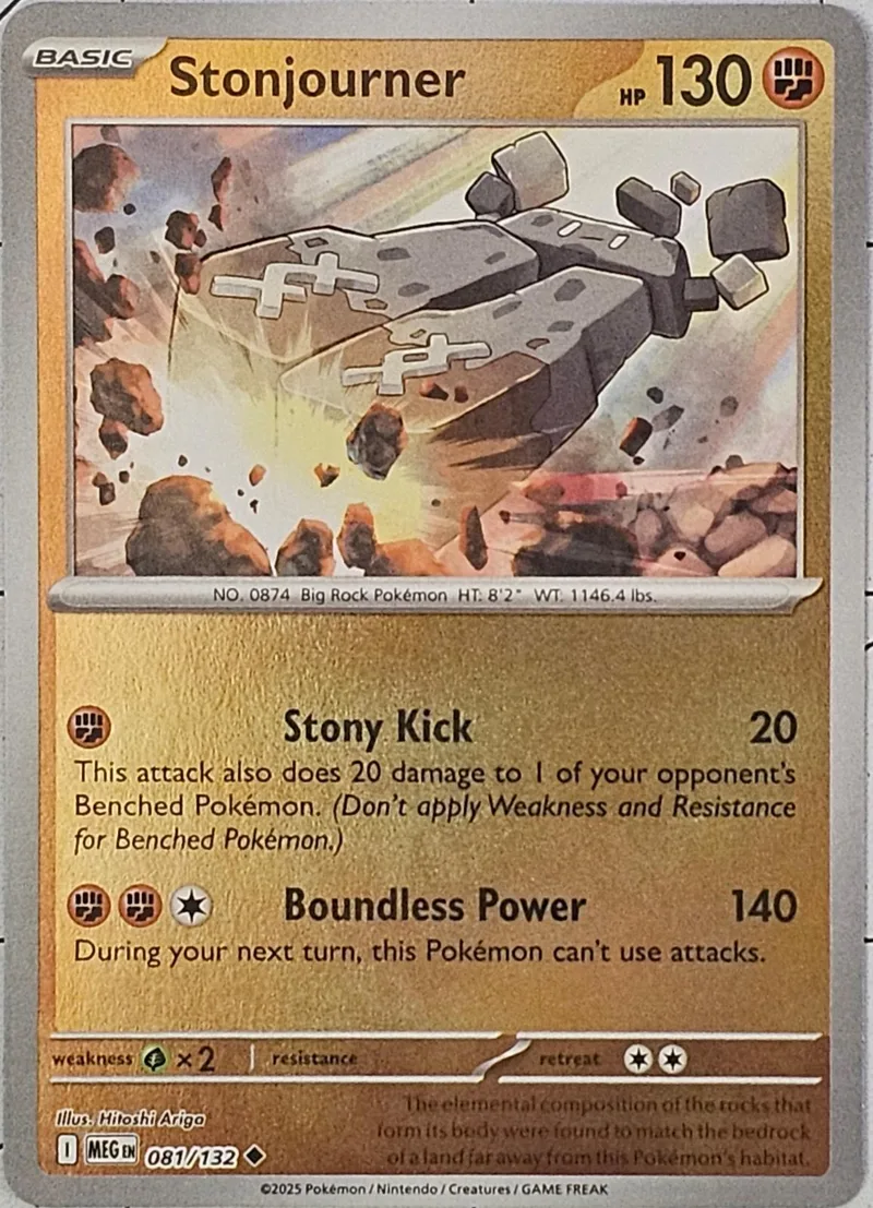 Rock Pokémon Stonjourner, gray and brown, in standard card format.