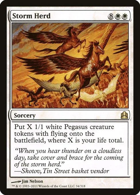 Flying horses in a dramatic, earthy-toned fantasy scene on a trading card.