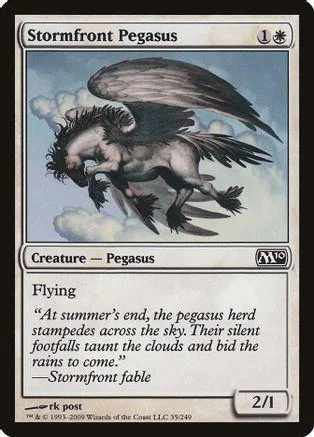 Dark winged horse flying through clouds on a Magic: The Gathering card.