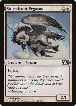Pegasus creature card art, dark winged horse flying through clouds.