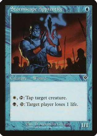 Blue-skinned wizard creature card with dark, fiery background art.