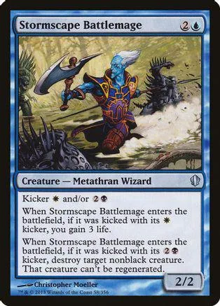 Blue and gold wizard battles dark creatures in a grassy, stormy landscape.