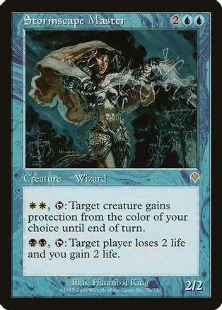 Dark sorceress figure on a stormy, teal-colored Magic: The Gathering card.