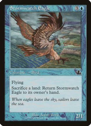 Brown eagle flying over green and blue landscape on a trading card.