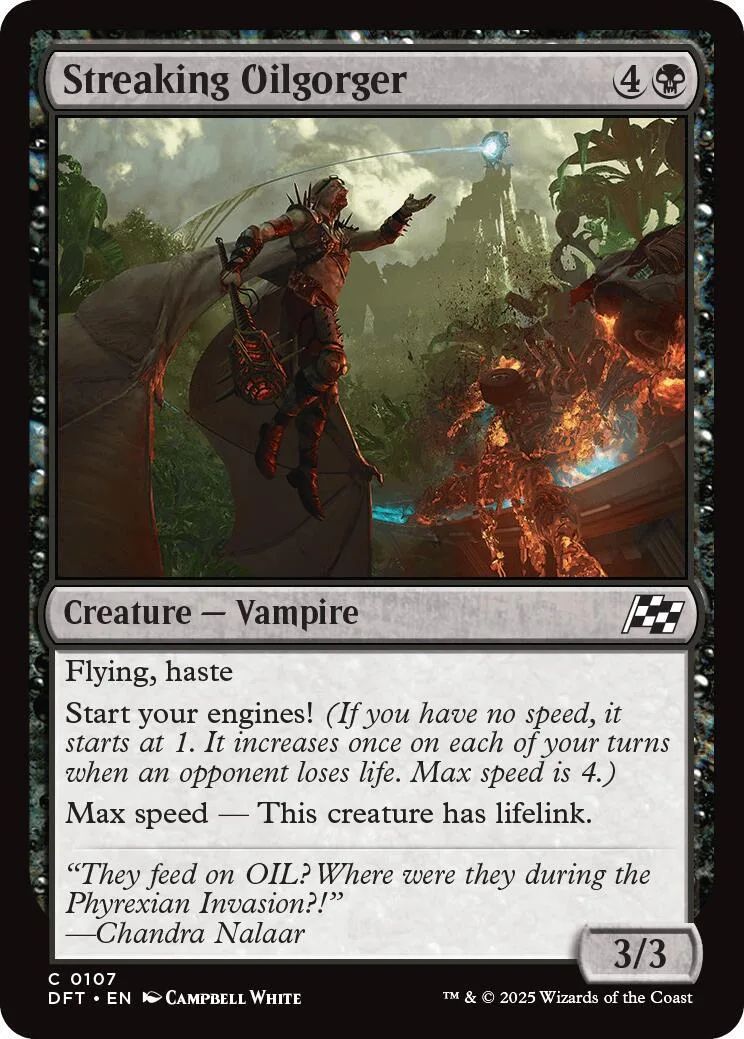 Vampire creature card art: figure in dark armor against fiery, green landscape.
