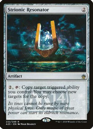 Metal U-shaped resonator artifact card with blue and purple cosmic background.