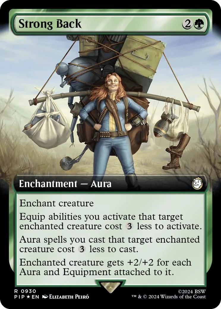 Card art depicts a woman with a large pack in a grassy outdoor setting.