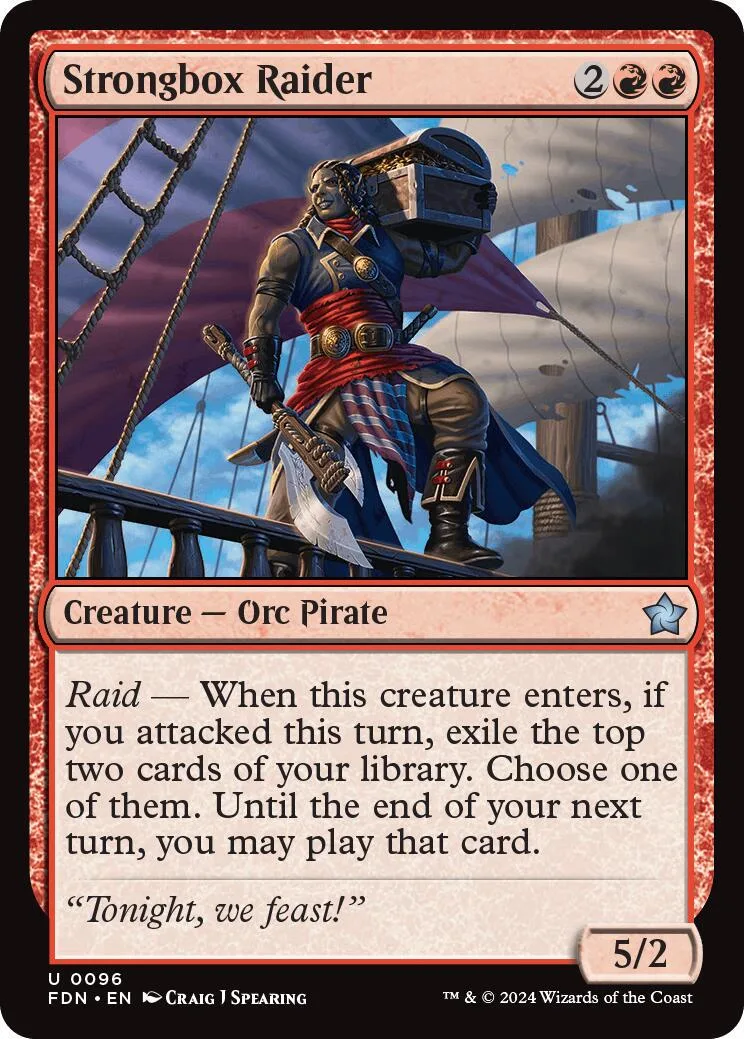 Orc pirate card art, dark blues and reds, showing a figure on a ship deck.