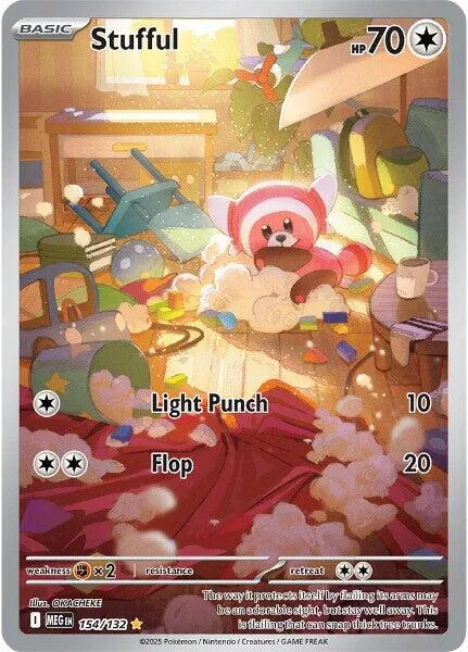 Red and white creature in a room, card art with HP 70 and attack costs.