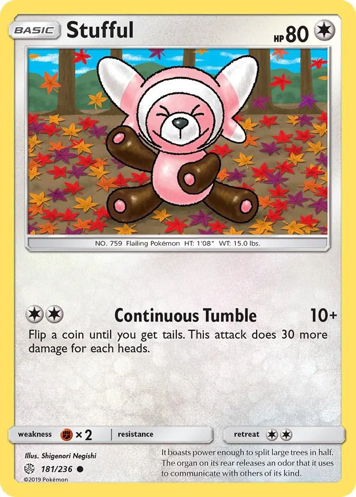 Pink, stuffed creature Pokémon card with brown limbs on a colorful forest background.