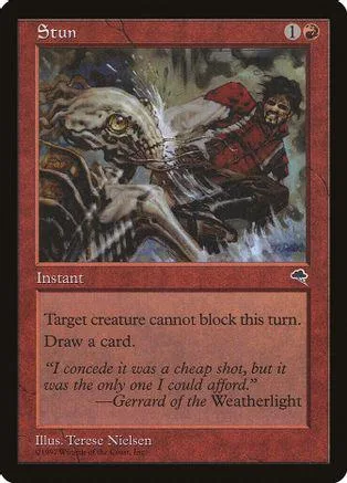 Dark fantasy creature attacks man in red cloak. Card art with text box.