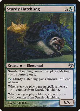 Dark turtle creature card with green and blue accents, showing stats and abilities.
