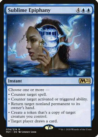 Blue and white Magic: The Gathering card, Sublime Epiphany, in a protective sleeve.