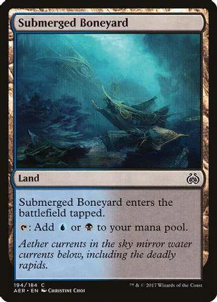 Underwater scene with dark, murky blue tones. Land card with text box.